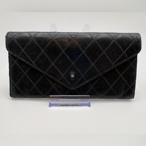 Vintage CHANEL Black Lambskin Envelope Long Wallet – Back Zip Pocket